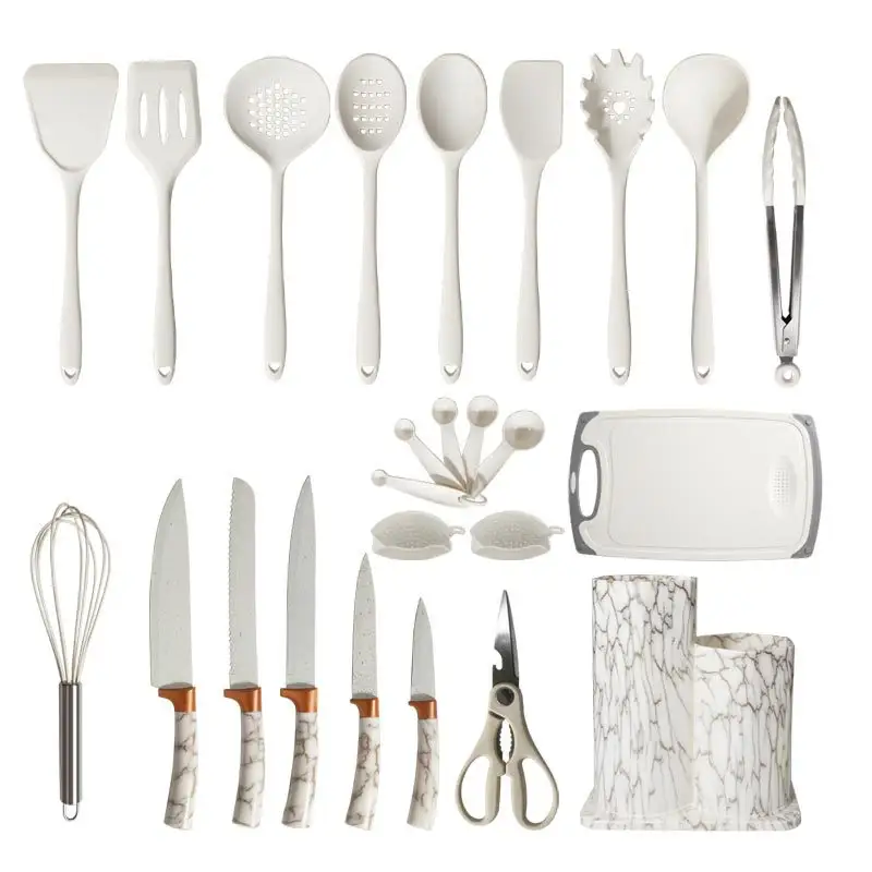 25 pezzi Set di utensili da cucina in Silicone spatola a fessura utensili per la casa manico in legno utensili da cucina