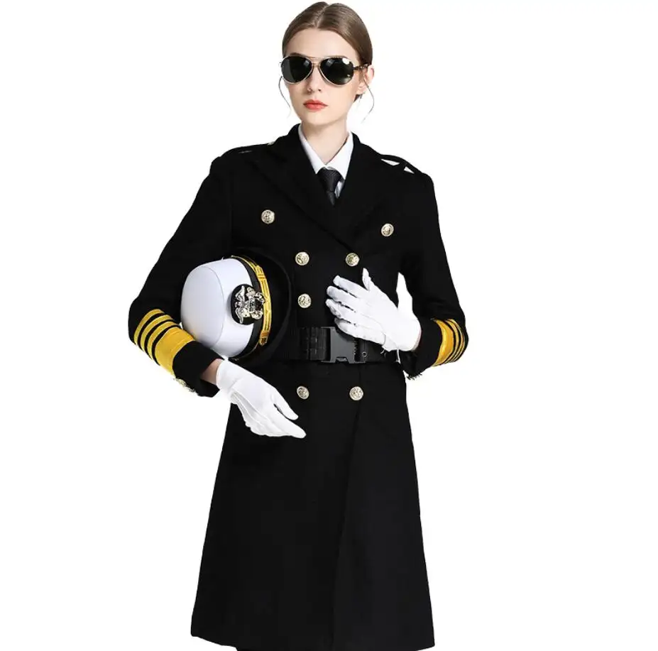 Uperior Qualidade Moda Longo Clássico Preto Airline Aeromoça Piloto Uniforme Casaco De Pele Real Mulheres Casaco De Lã Para Senhoras