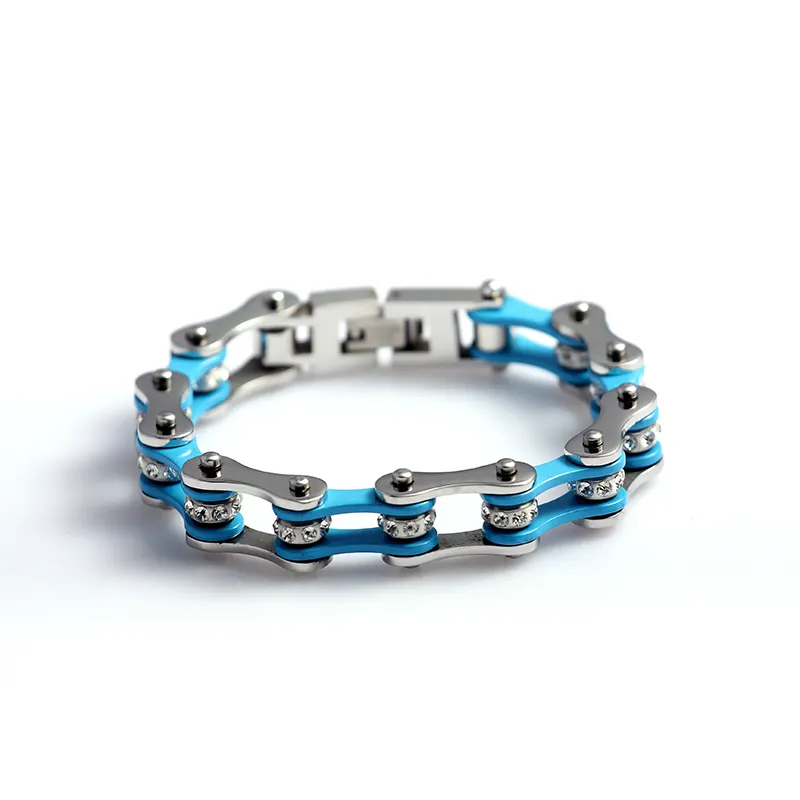 Pulseira feminina corrente de motocicleta, bracelete de aço inoxidável 316 prata e azul claro