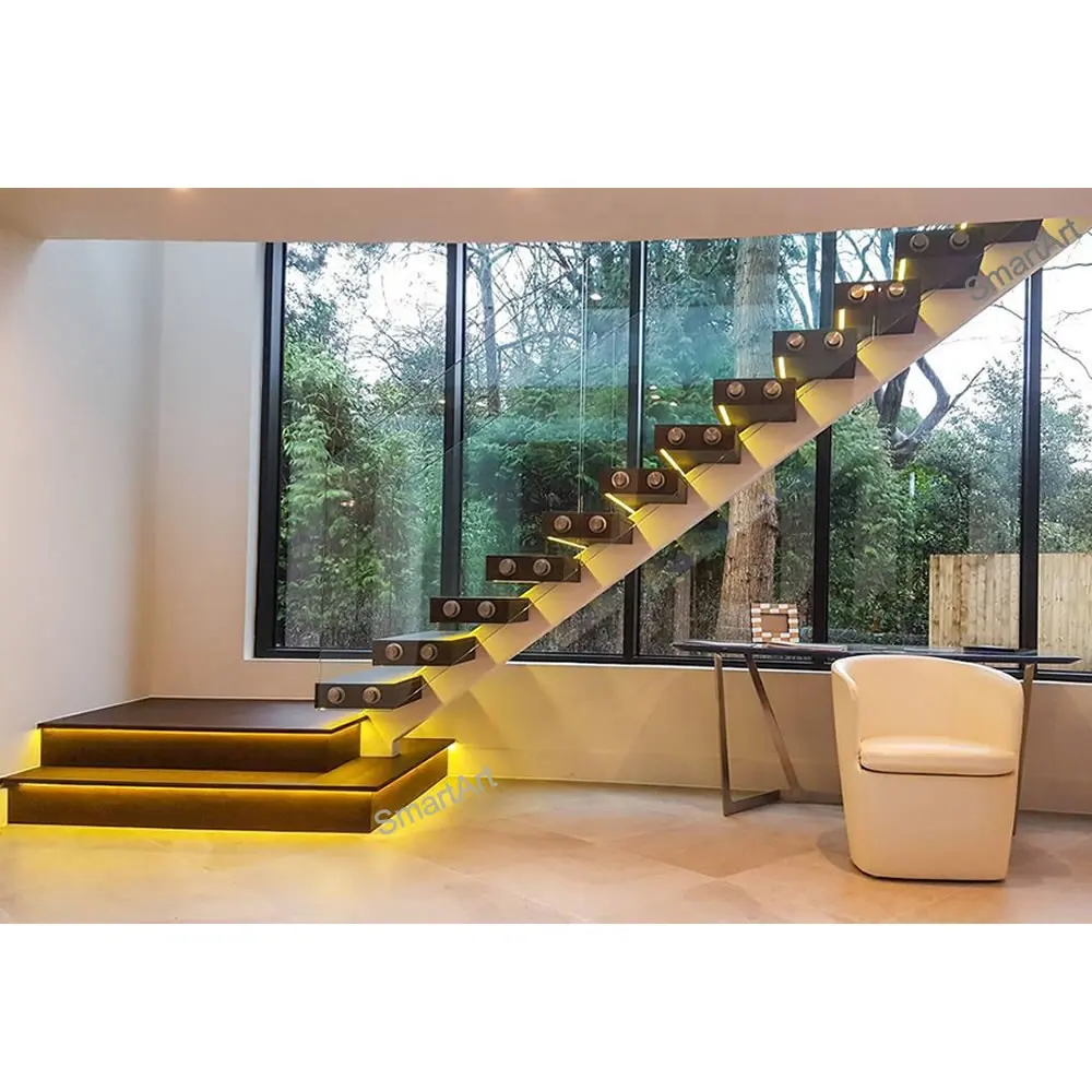 Escalones de escalera flotante de madera recta para Interior, diseño moderno, escalera de barandilla de vidrio templado, 2022