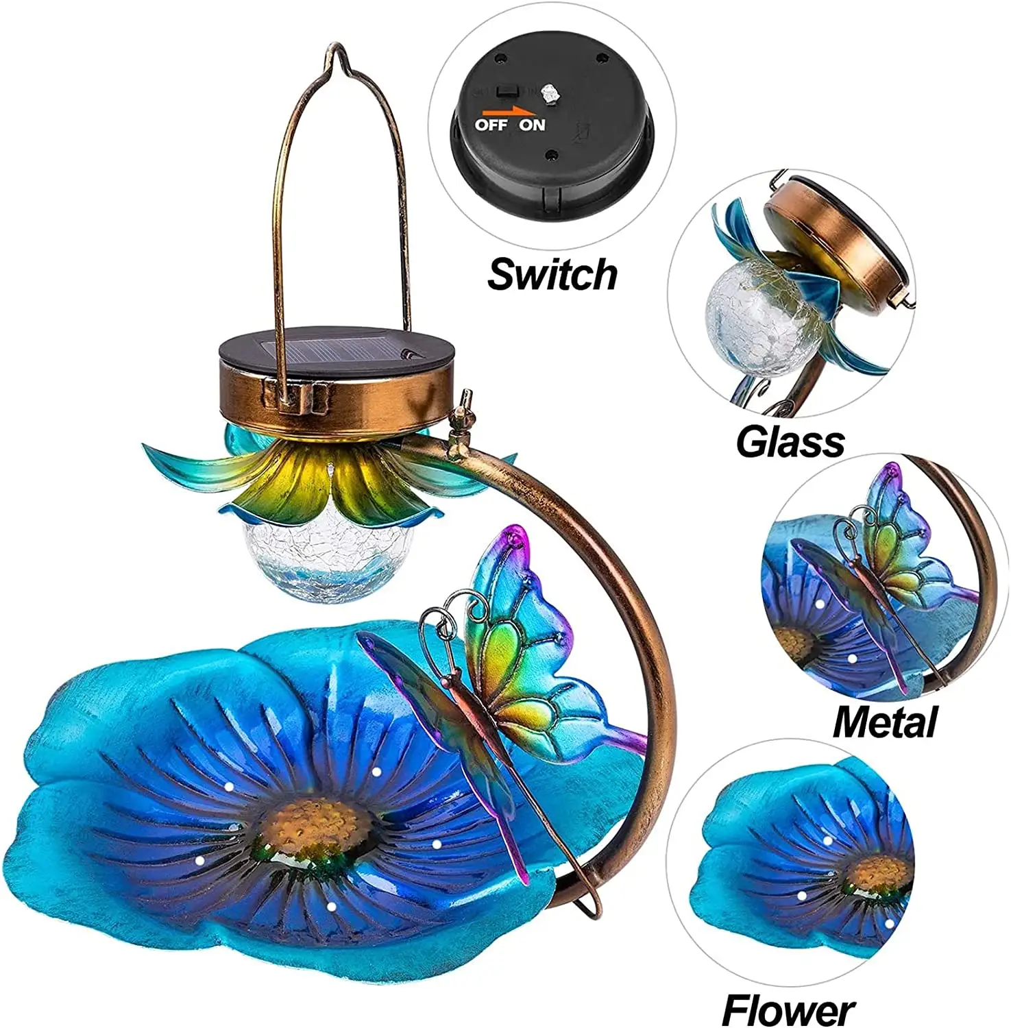 2023 Butterfly Decor Solar Powered Glass Cracked ball Garden Lights outdoor Hanging Waterproof Wild Cardinal Bird Feeders