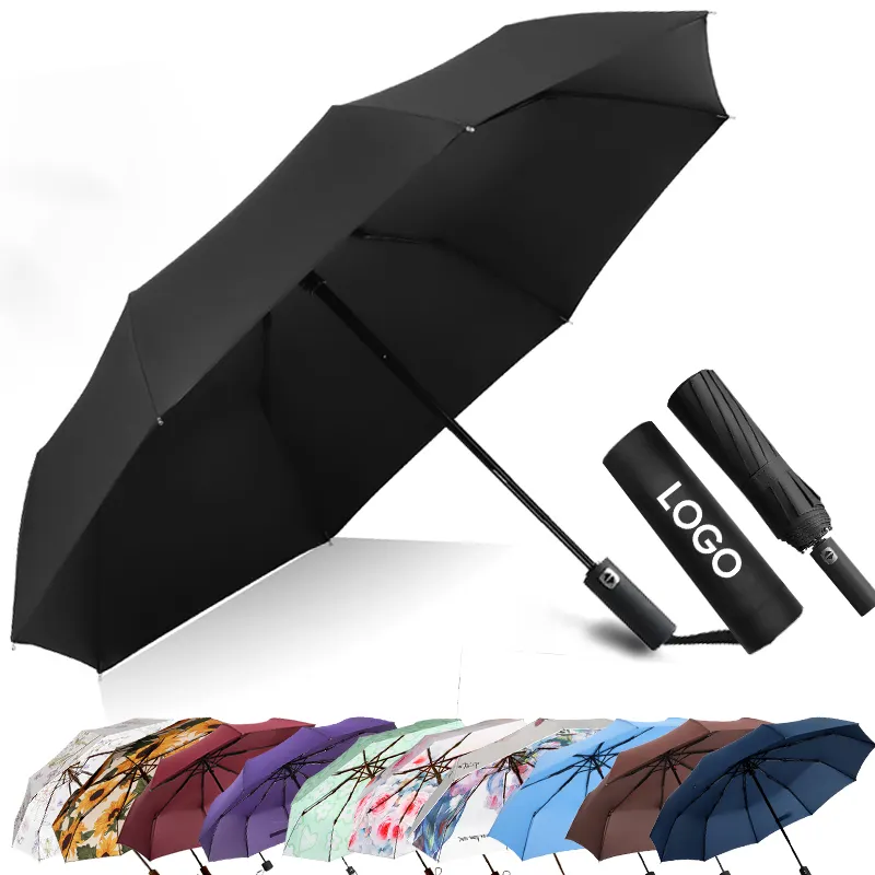Logotipo personalizado Paraguas totalmente automático a prueba de viento portátil tres paraguas plegables sombrillas Paraguas para regalos