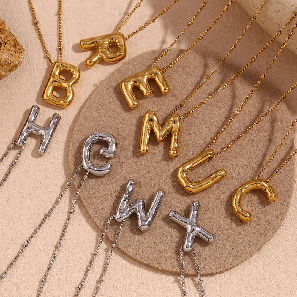 Custom Bubble Letter Stainless Steel Chunky Alphabet Chubby Helium Balloon Initial Pendant Fashion Jewelry Necklaces Women 2024