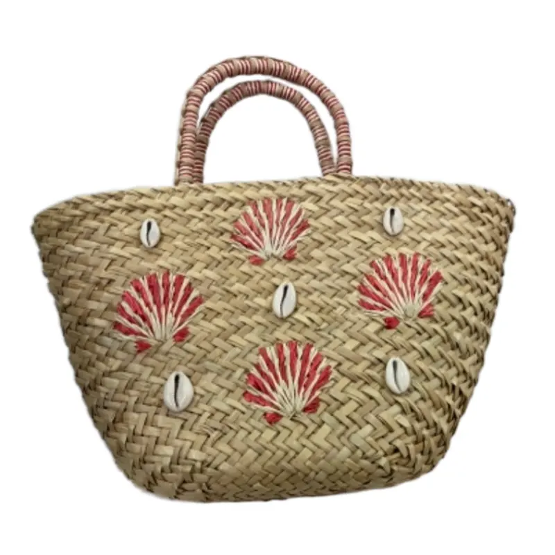 Novo bonito design bordado com Shell decoração praia palha saco moda simples mão-tecido saco de palha das mulheres saco