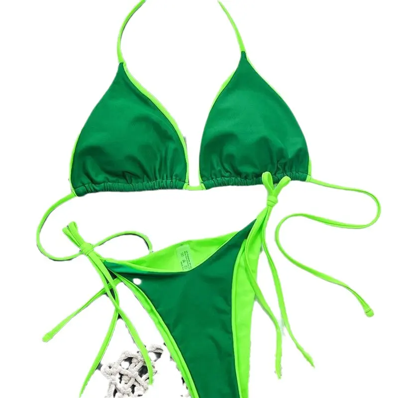 Three-Point Backless Strap Ins Style green Swimwear Bikini Women's Beach swimsuit with chest pad slimming lace-up sexy bikini