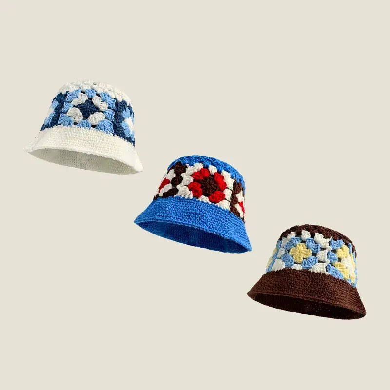 Sombrero de pescador de punto unisex con logotipo personalizado suave, sombrero de cubo de ganchillo de invierno con patrón cálido hecho a mano para mujer