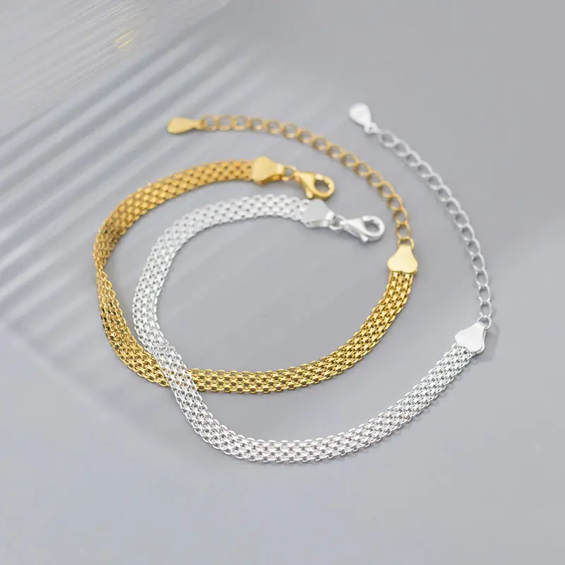 100% Real 925 Sterling Silver Wide Braided Hollow Chain Bracelet For Women Fashion Hand Jewelry