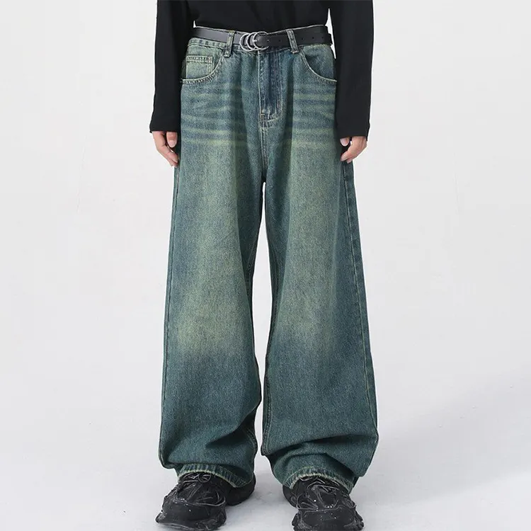 Ağır düz baggy kot erkekler Streetwear Hip-hop geniş bacak erkek kot yüksek kaliteli soluk Vintage sıkıntılı Denim kot