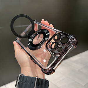 Lüks kaplama PC manyetik Metal tutucu kılıf ile darbeye hava yastığı şeffaf kapak iPhone 15 artı 11 13 12 16 14 ProMax