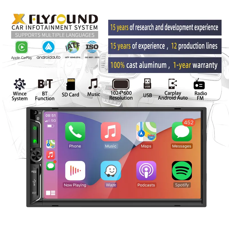 Fly sonic ODM/OEM Services 7 Zoll Double Din Carplay Android Auto Autoradio Stereo Mit BT Autoradio Autoradio