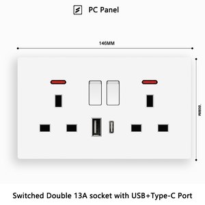 带USB + C和USB + A充电端口的双开关插座英国标准电源插座，带PC面板13A墙壁插座 - Product Image 3
