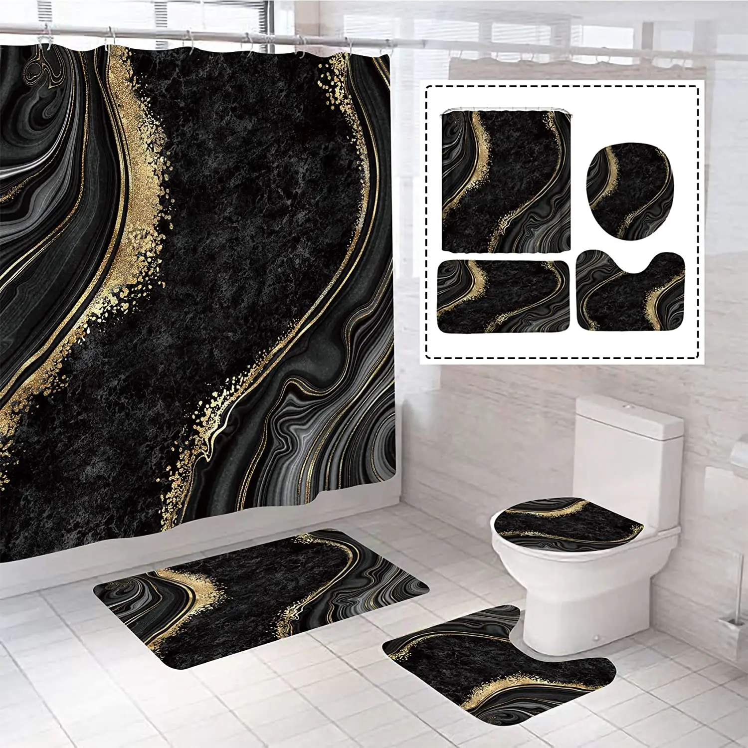 Personnalisable Luxe Marque De Mode Unisexe Designers Logo Rideau De Douche Salle De Bains 4pcs Tapis Ensemble