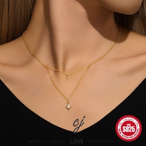 Carline Fashion Jewelry Necklaces 925 Sterling Silver Zircon Star Charm Pendant Double Layer Necklace for Women - Product Image 3