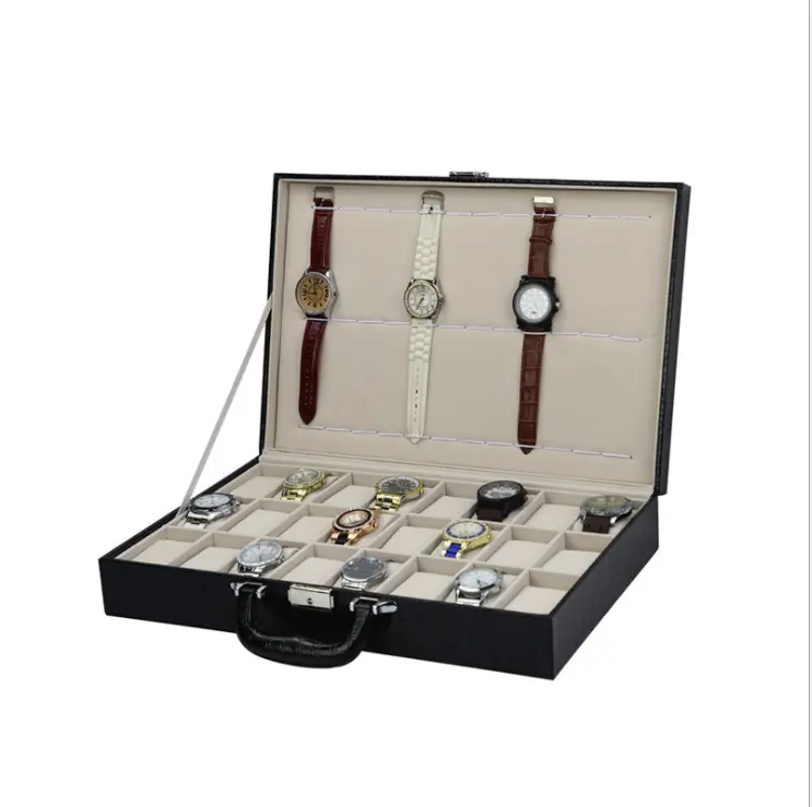 Tali Jam Tangan Perjalanan, Kotak Arloji Hitam 36 Slot (24 + 12) Koper Kulit dengan Pegangan