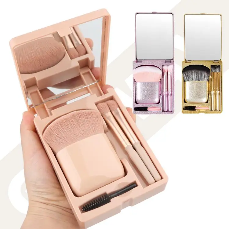 High-End 4Pcs Makeup Brushes Set Cosmetic Powder Eye Shadow Blush Eyebrow Brush Cosmetic Brushes Kit With Travel Case And Mirror