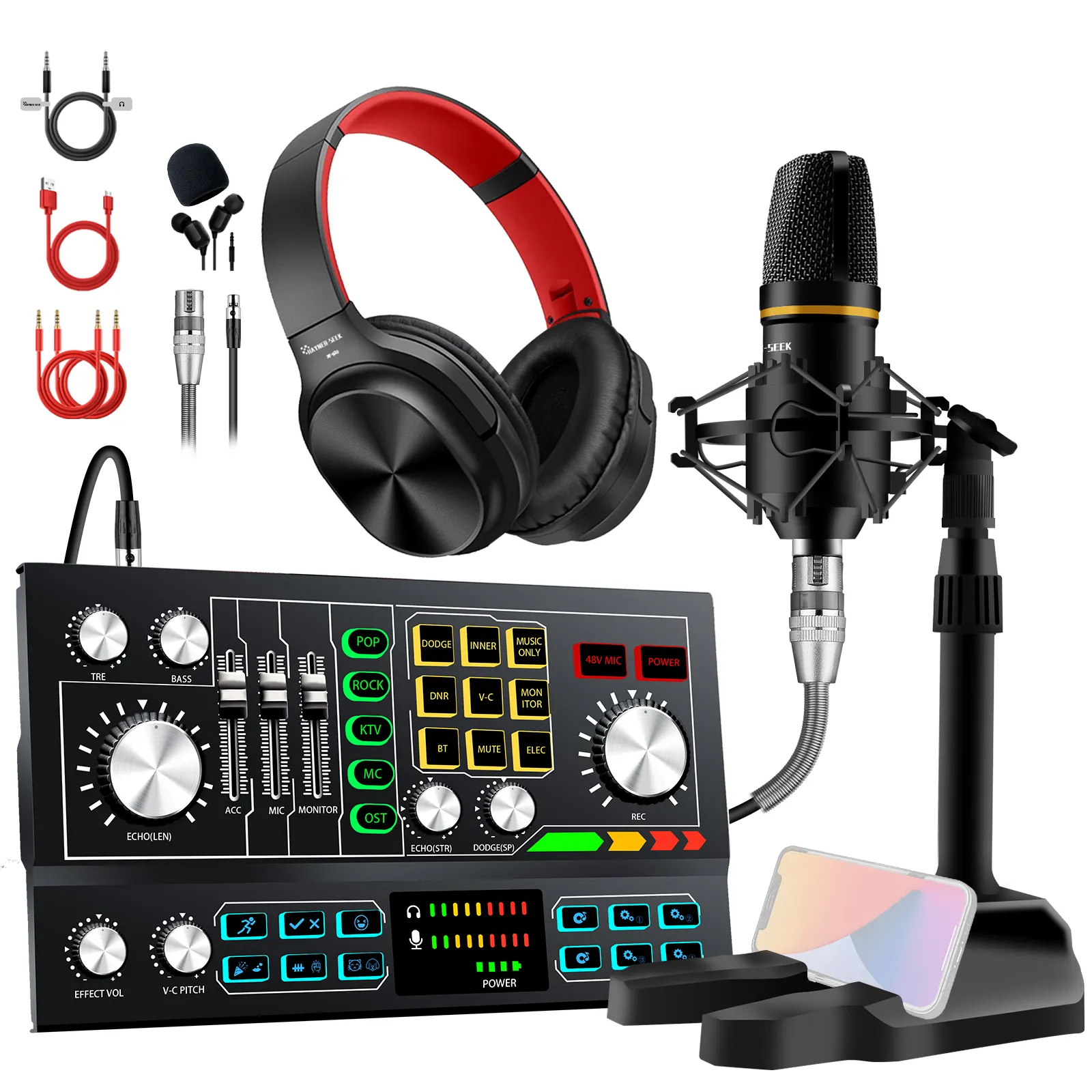 Hayne-seek-Micrófono de escritorio todo en uno, XLR, con tarjeta de sonido, grabación en vivo, Podcast, Kit de estudio