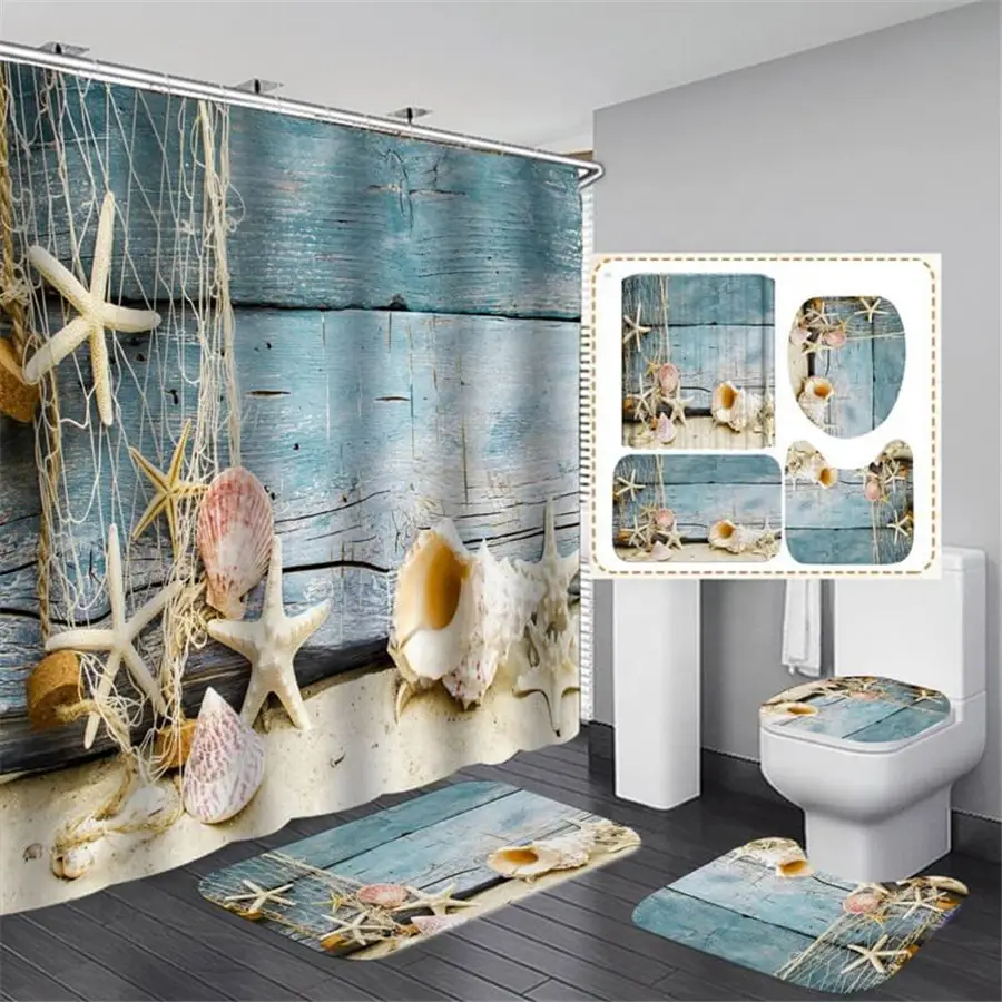Cortina de diseño con estampado de mar y playa para baño, con alfombras, ducha Bohemia, con juegos de ganchos