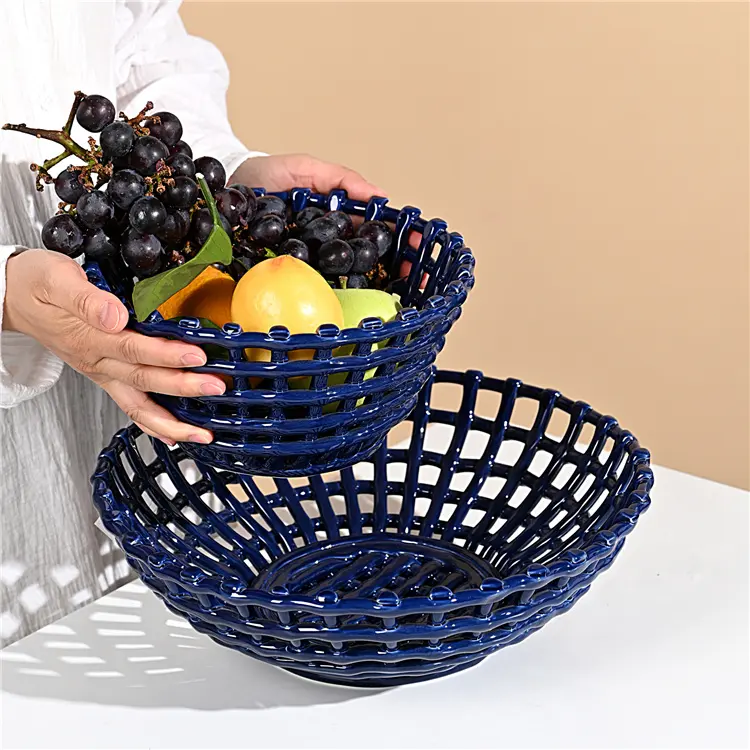 Handmade Weave Dark Blue Color Fruit Ceramic Basket Lattice Hollow Grape Or Banana Or Apple Porcelain Basket