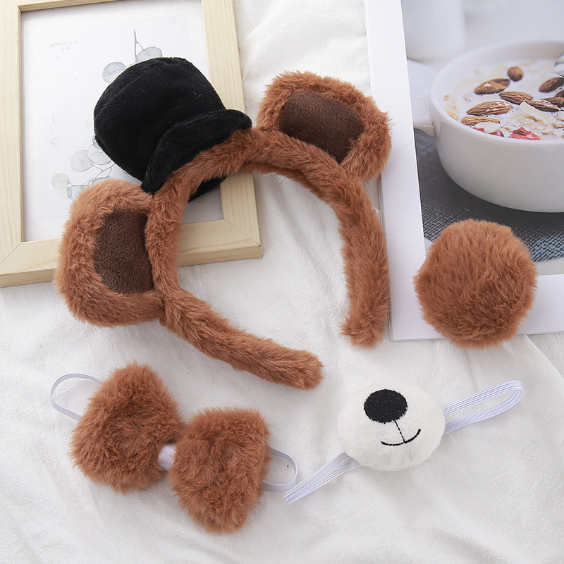 Ensemble 4 pièces marron clair-bandeau+queue+nœud papillon+embout buccal
