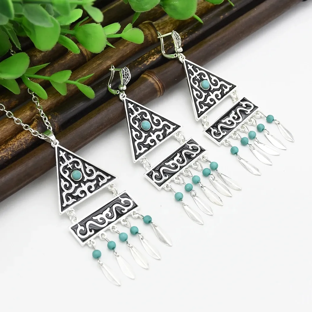 African Fashion Jewelry Set Vintage Silver Turquoise Embellish Small Leaves Tassels Totem Necklace Earrings Fashion Jewelry Sets