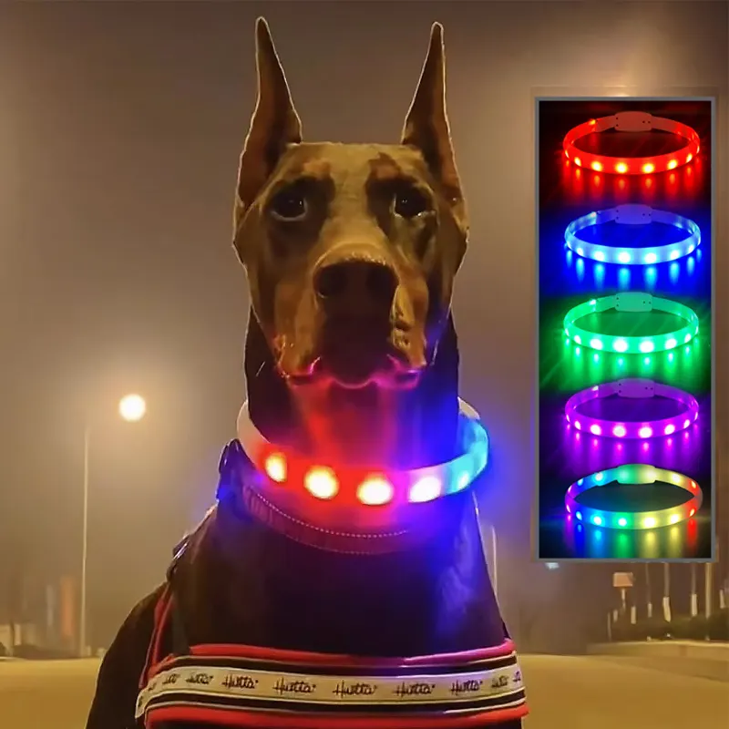 2024 Dog Accessories Waterproof Pet Flashing Light Up Dog Collar USB Rechargeable Night Safety Luminous Glowing Led Dog Collar