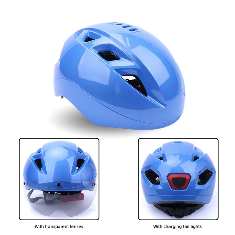 Metallic blue helmet-with taillight and visor