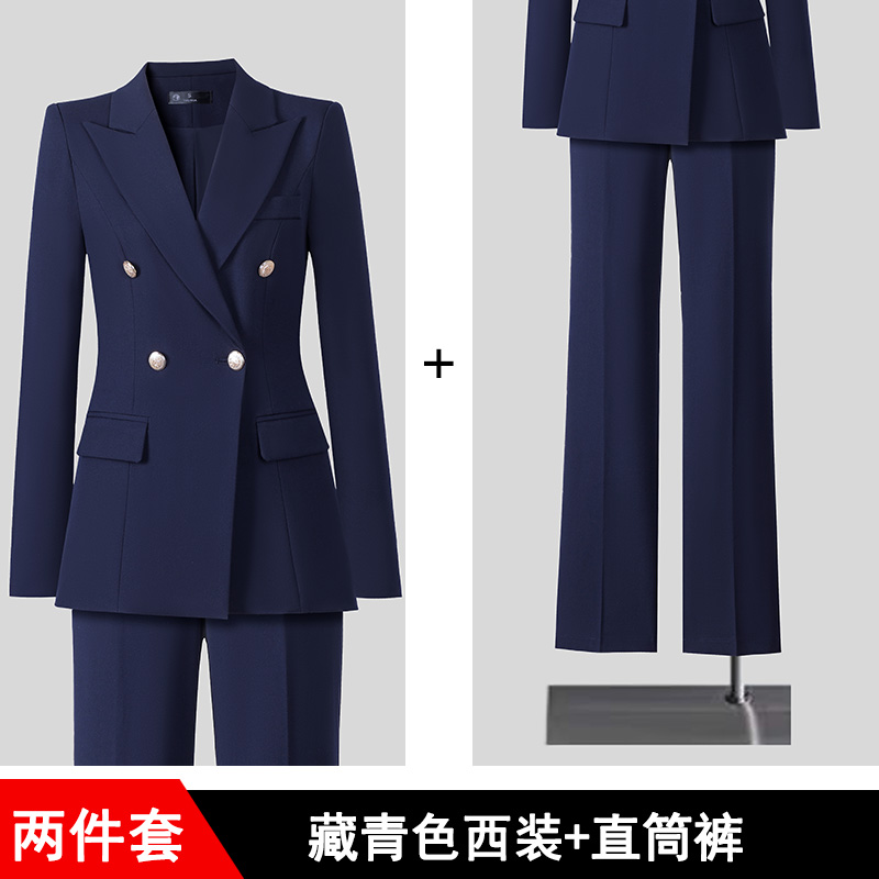 Navy blue coat+straight pants