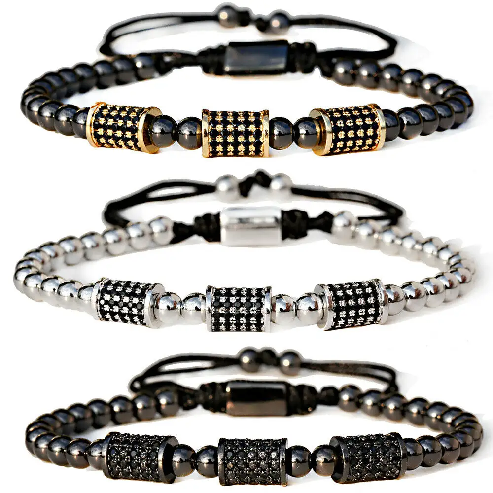 Luxury Zirconia 5MM Copper Beads Three Cylinder Hand Knitted Bracelets Adjustable Jewelry Mens Copper Handmade Bracelet