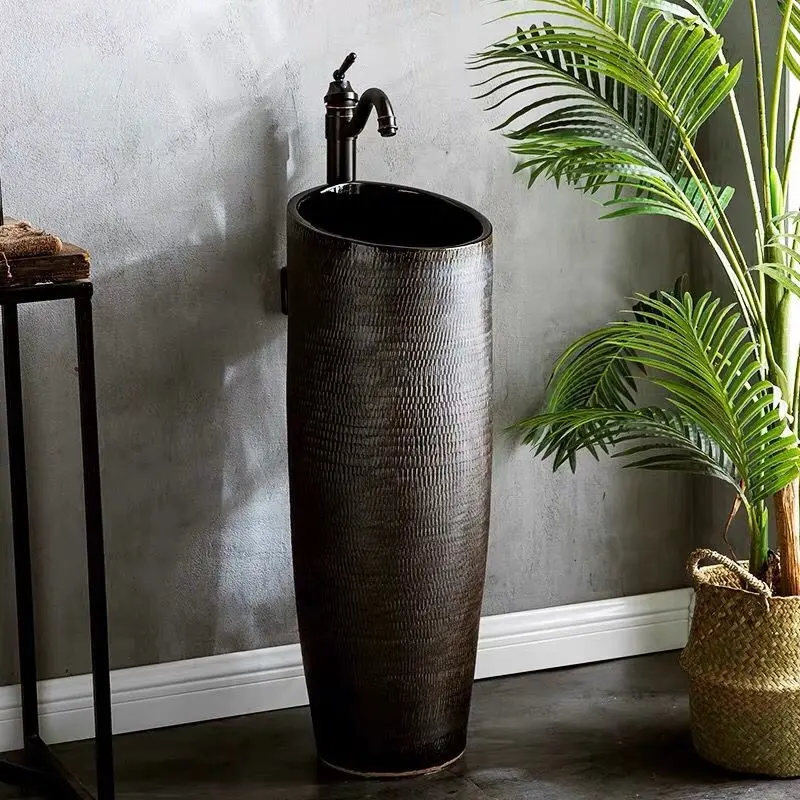 Lavabo de cerámica con pedestal para baño, forma redonda china, con esmalte autolimpiante