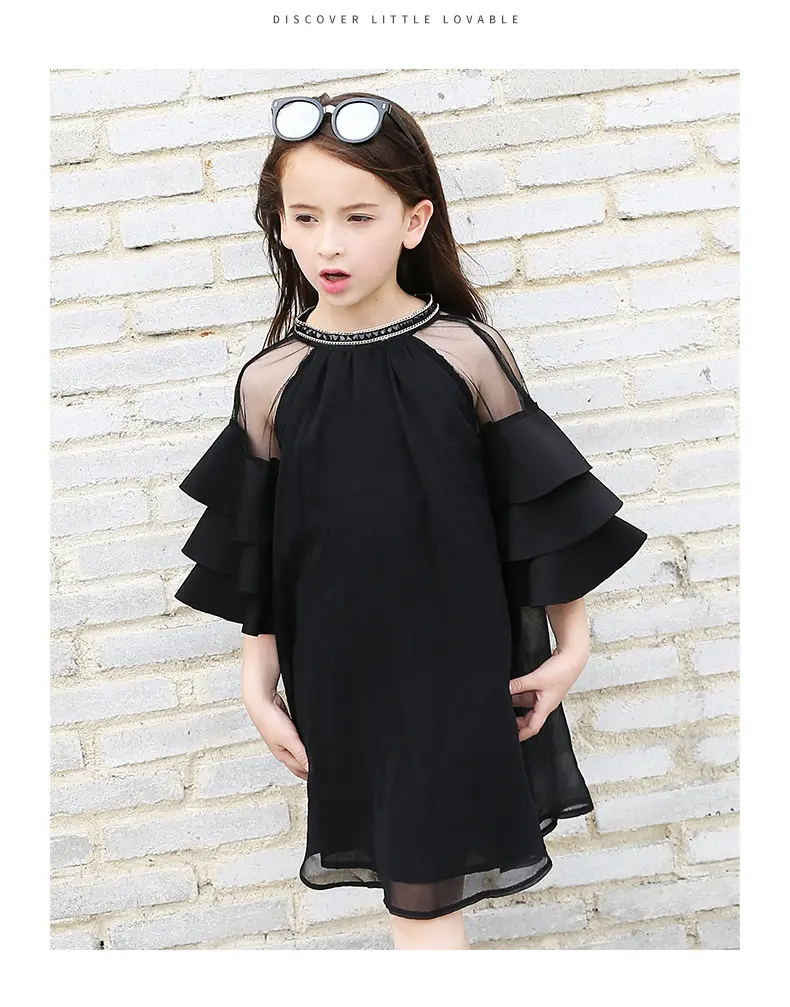 2023 Europe and the United States dress short sleeve dress black princess dress girls in the Korean version of the horn sleeve gauze