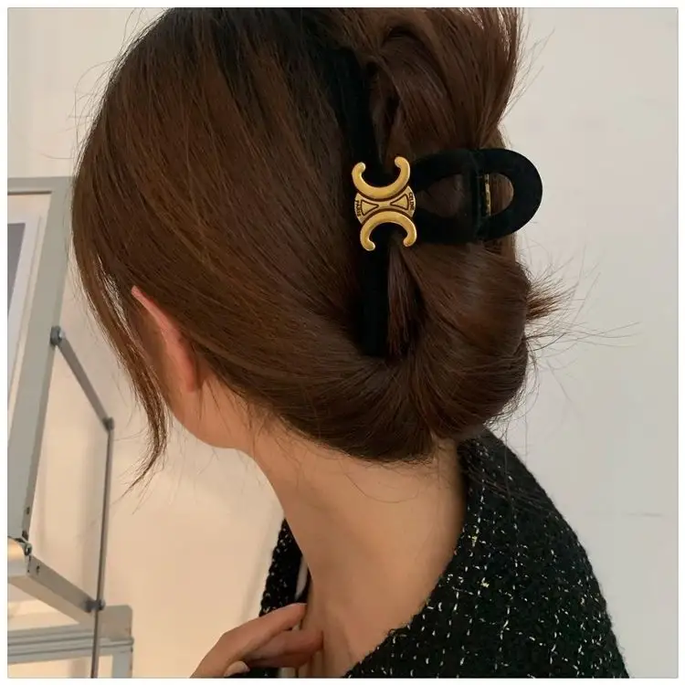 Latest Hot Selling Retro Advanced Sense Triumphal Arch Style Shark Clip Women'S Autumn And Winter Black Fabric Hair Claw