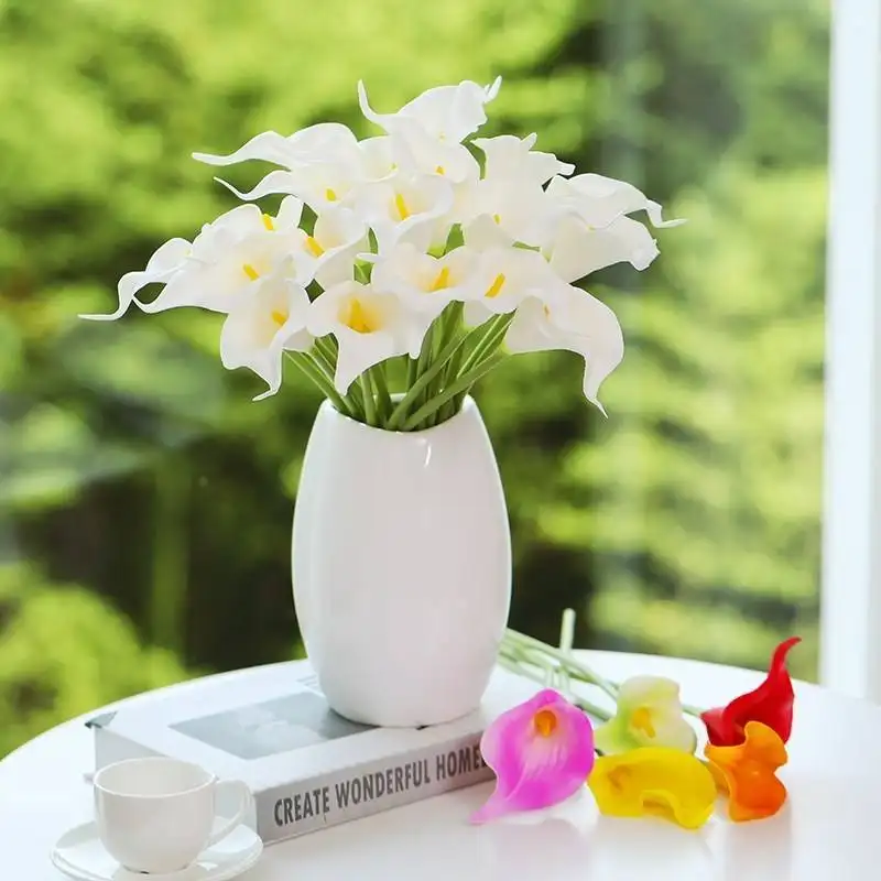 NISEVEN alta calidad hogar boda decoración flores artificiales Real Touch amarillo PU Cala Lily ramo de novia