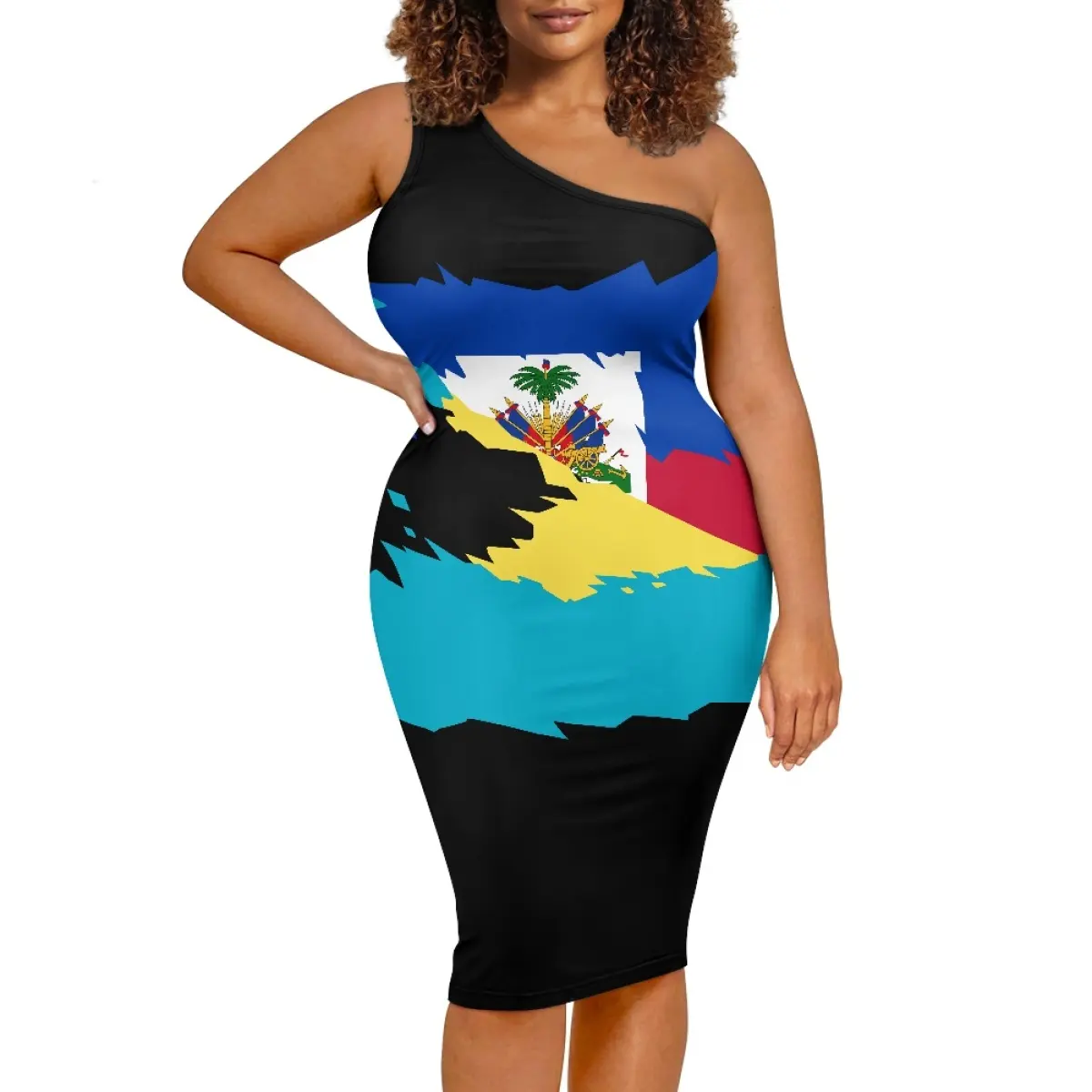 Haiti bahamalar bayrak desen kadınlar için açık omuzlu elbise en iyi fiyat ile toptan özel Logo seksi parti etek Bodycon elbise kadın