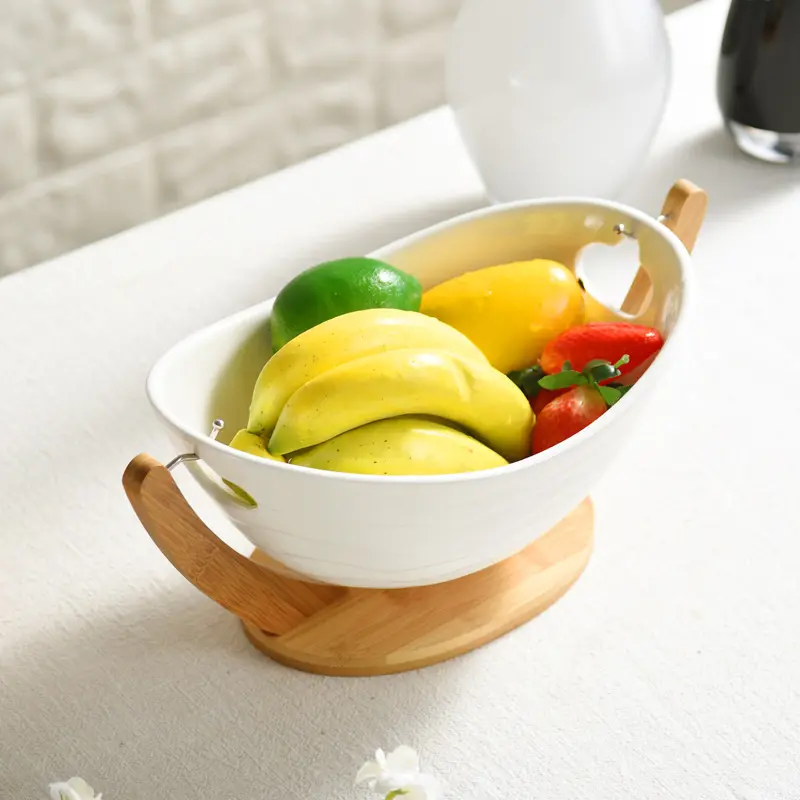 Cesta de cerámica colgante para frutas y verduras, juego con soporte de Bambú