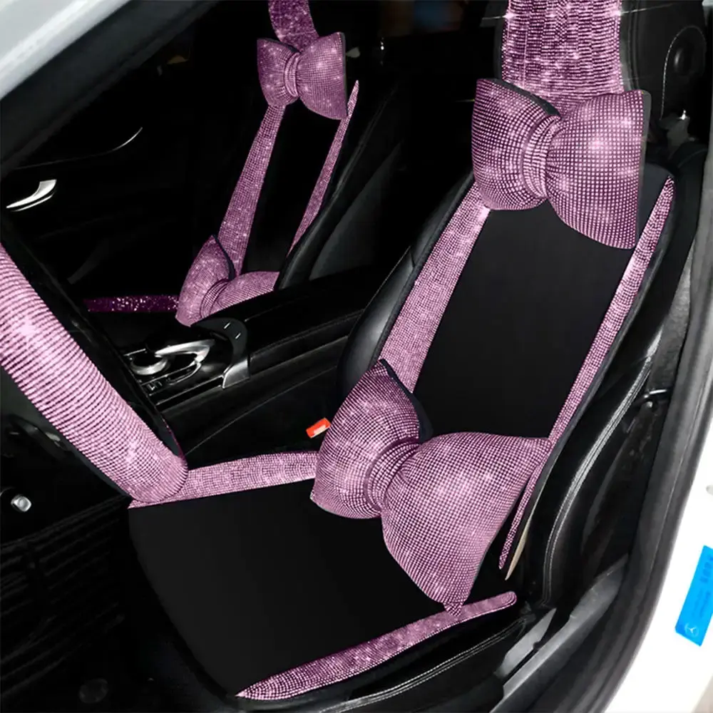 Invierno cálido corto felpa franela terciopelo Protector trasero asiento delantero calentado cojín Rosa Bling Rhinestone cubierta de asiento de coche para mujer
