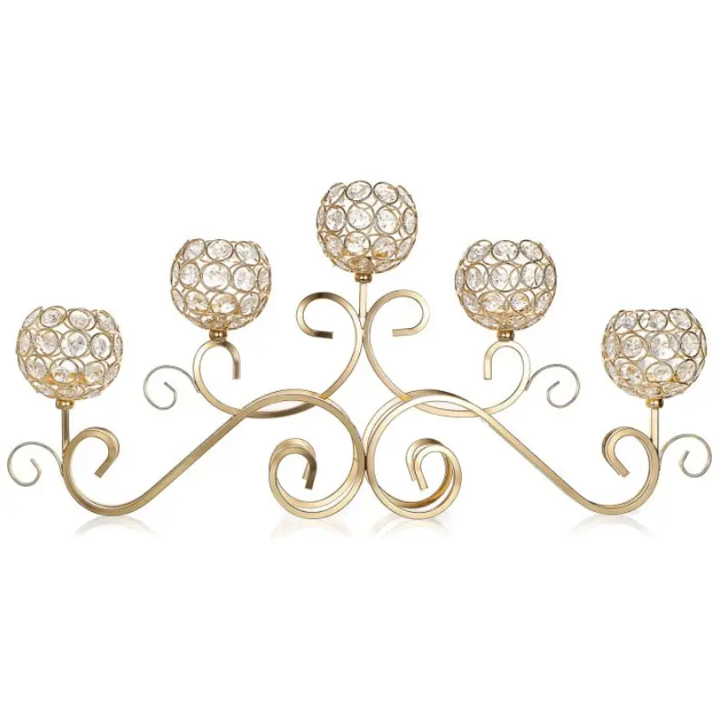 Suporte de candelabros em forma de lustre de metal dourado e cristal SN-LF193, peça central para decoração de eventos e casamentos