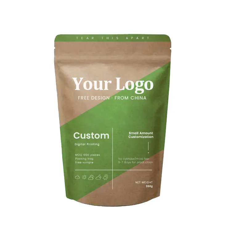 Custom biodegradable pbat pla compostable food grade spice coffee tea sanck kraft zipper bag ziplock stand up paper pouch