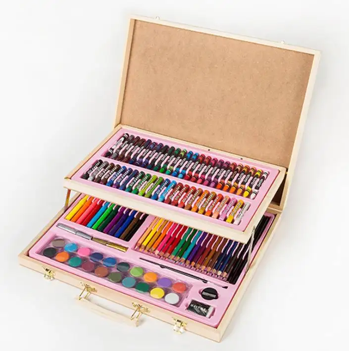 Conjunto de arte dobrado ferramenta de desenho com pastéis a óleo, lápis de cor, marcadores com caixa de madeira