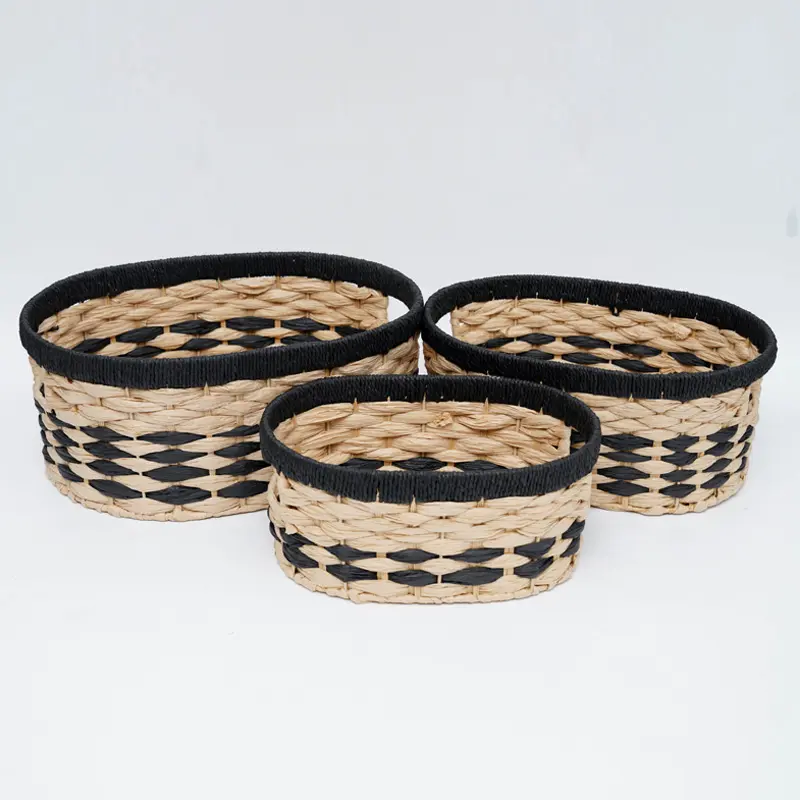 売れ筋手織りオーバルブラックとベージュの海草紙ロープ収納バスケットハンドル付き3個セット