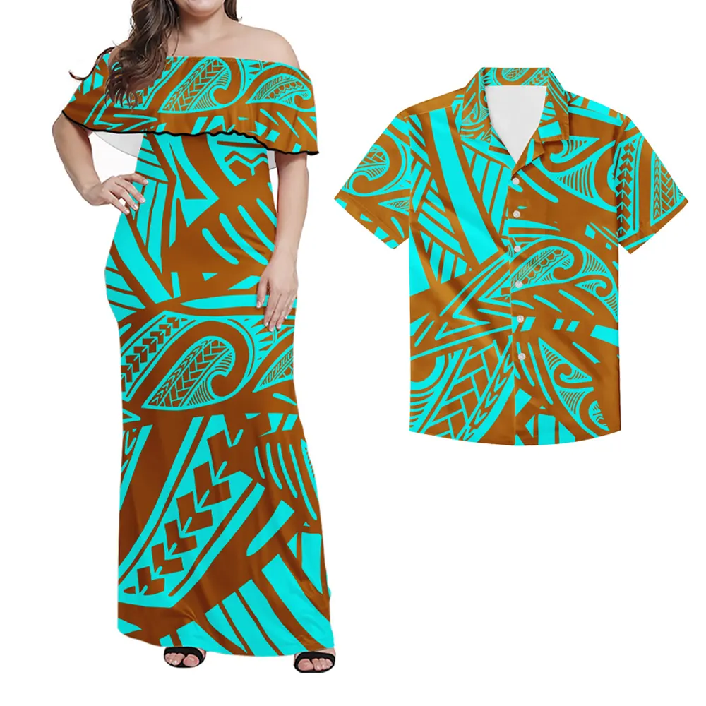 Vestido con volantes y hombros descubiertos para hombre y mujer, diseño Tribal Hawaiano estampado, ropa de pareja a la moda