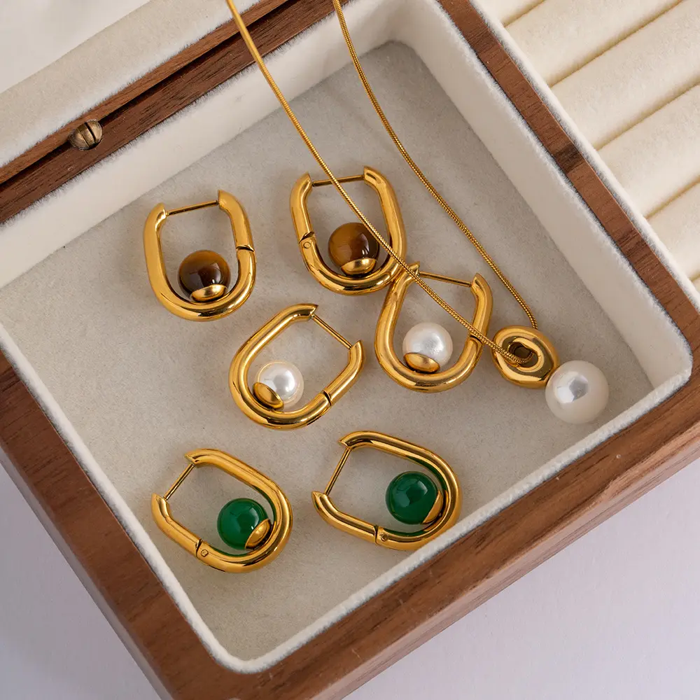 Areta 쥬얼리 탑 트렌드 제품 2023 패션 대량 귀걸이 도매 타원형 녹색 마노 자연 돌 진주 귀걸이