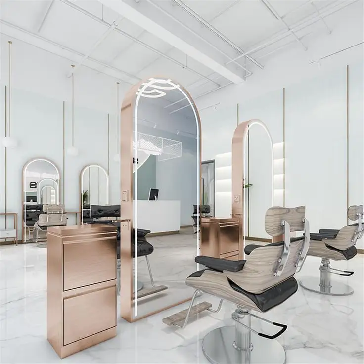Hermosa mejor calidad grande de longitud completa estilo dorado muebles de salón de peluquería montado en la pared maquillaje de peluquería Led salón de belleza M