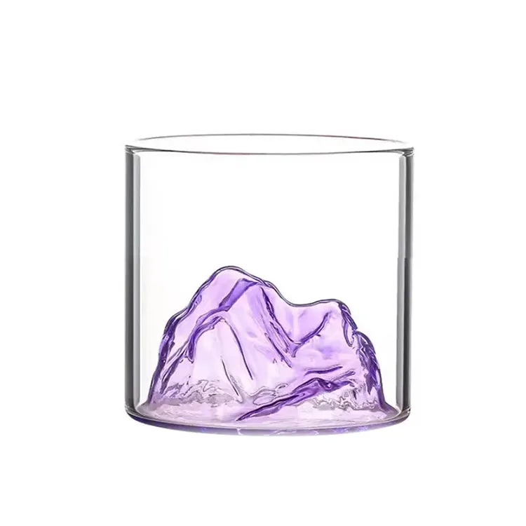 Venta al por mayor de agua té vidrio whisky vasos de cristal vaso para fiesta Bar incluso forma de montaña redonda estilo Fuji Guanshan vidrio