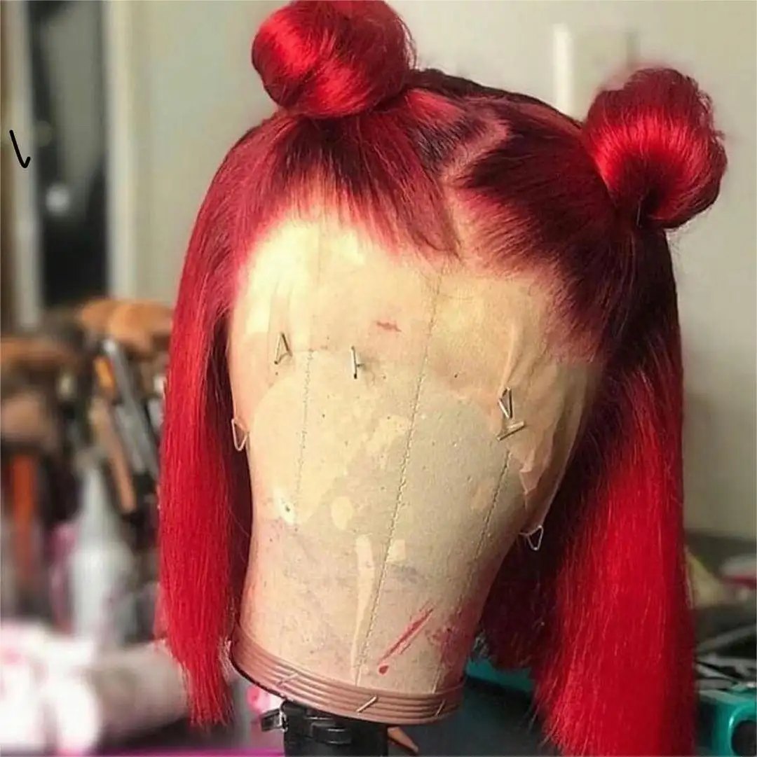 Peruca frontal virgem tipo bob de cabelo humano cor vermelha peruca curta de renda bob peruca pixie sem cola perucas peruanas virgens de renda frontal
