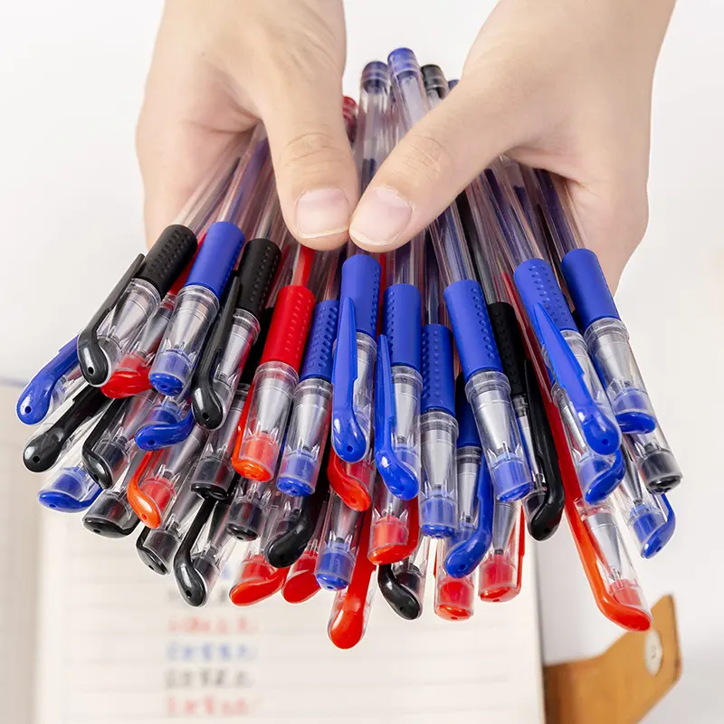 ปากกาเจล0.5มม. สีฟ้าดำแดงพลาสติกใสสำหรับโรงเรียนโลโก้ตามสั่ง