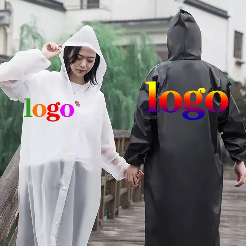 LOGO Poncho de pluie personnalisé pour adultes EVA imperméable réutilisable veste de pluie d'urgence avec capuche et manchon élastique