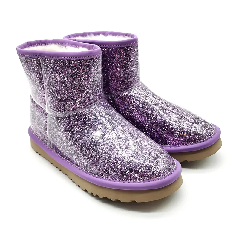 Sepatu bot wanita bulu domba berkilau, sepatu bot wanita bulu palsu musim dingin anti air bulu domba sangat berkilau