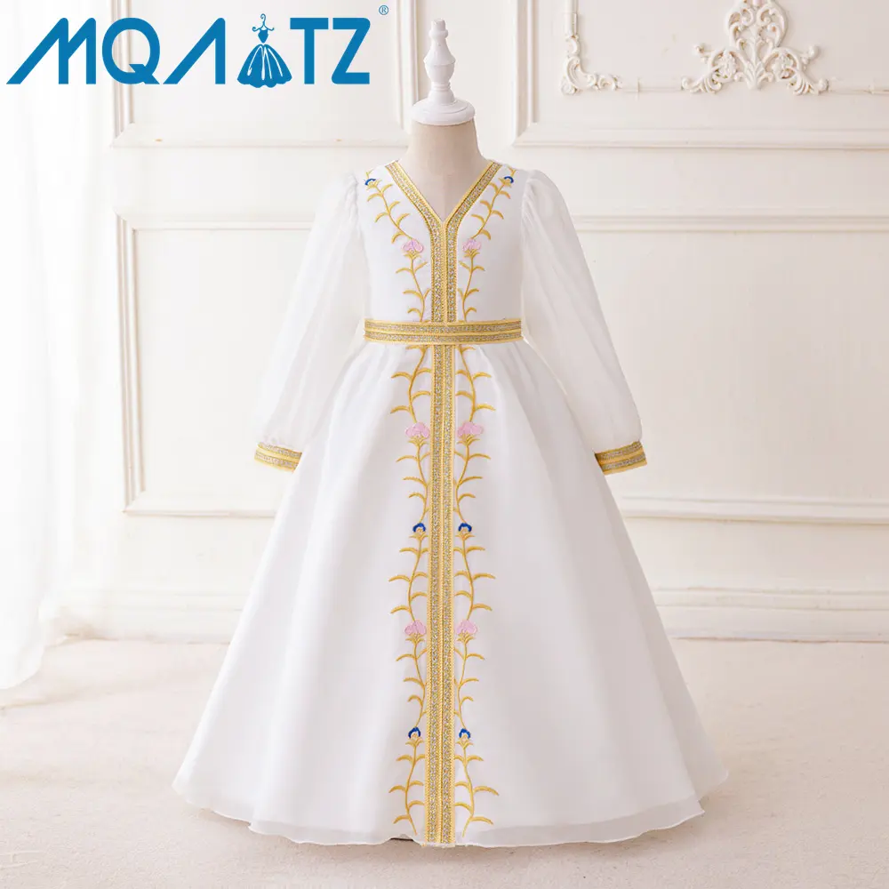 MQATZ Moyen-Orient Enfants Blanc Fleur Fille Fête Robe Imprimé Manches Longues Enfants Robe Pour Enfants MSL03