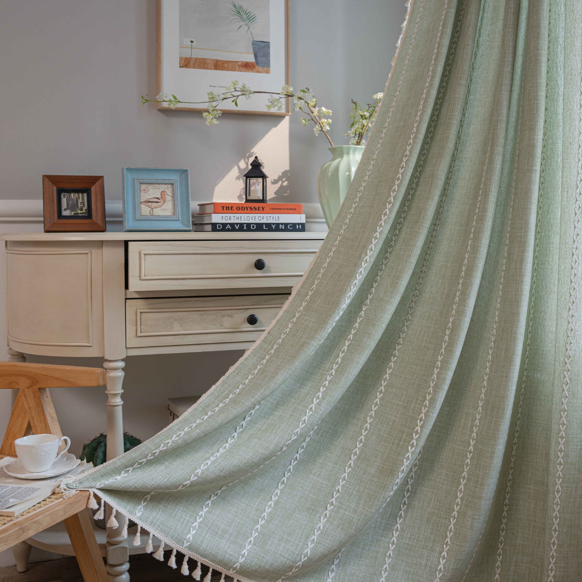 green multiple lines beige tassel