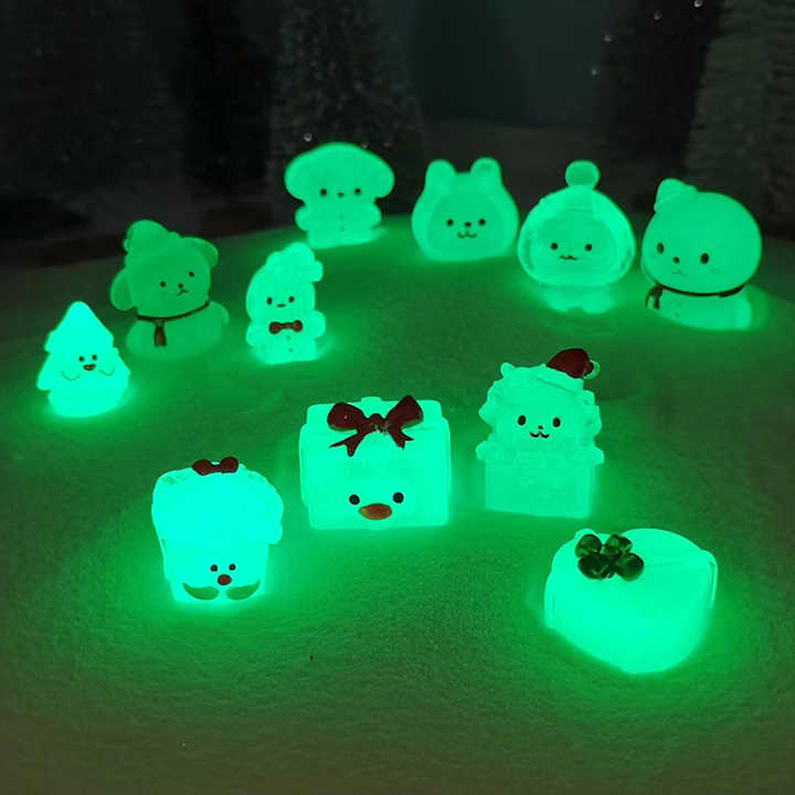 20 Styles Kawaii Luminous Cartoon Miniature Green Christmas Series Resin Crafts for Home Decor DIY Doll House Accessories